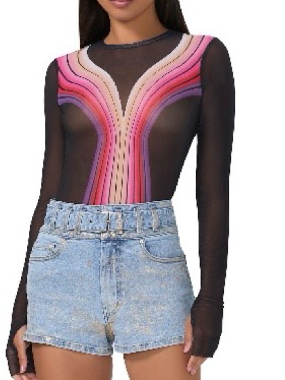 AFRM Black Sheer Long-Sleeve Top with Pink and Purple Ombre Stripes